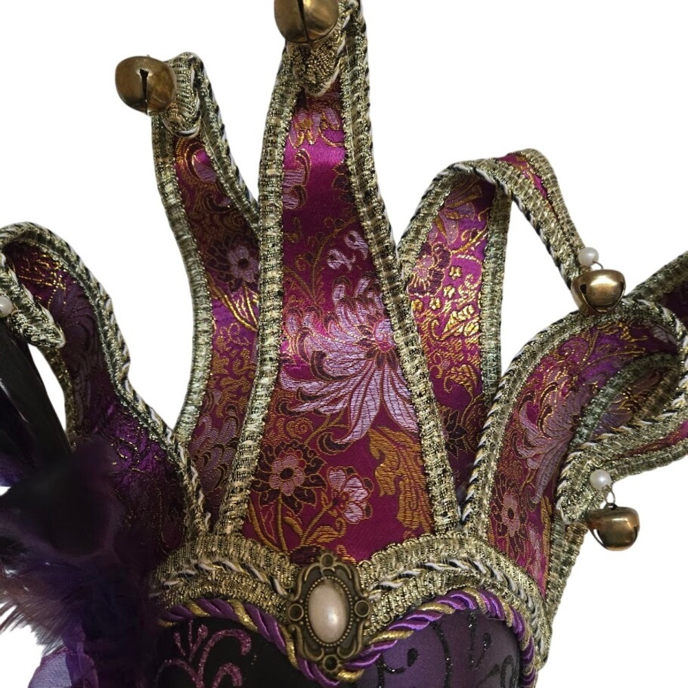 Full Face Venetian Jester Mardi Gra Masks Purple and Gold Brocade - Picture 4 of 9